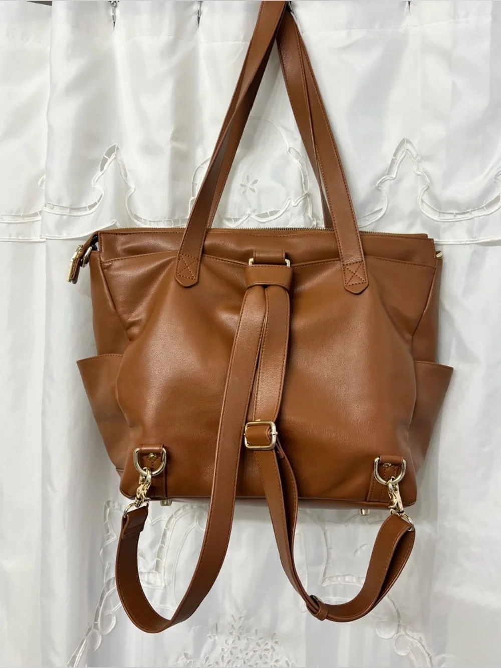 Elkie & Co Aberdeen Diaper Saddle Cognac Vegan Leather Convertible Backpack Tote